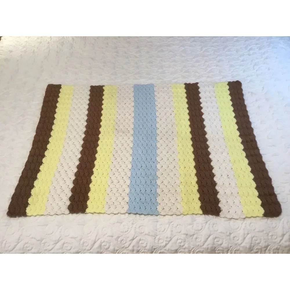 Crocheted Afghan handmade Throw Cover Brown yellow white‎ Size 40 Long 28 Wide